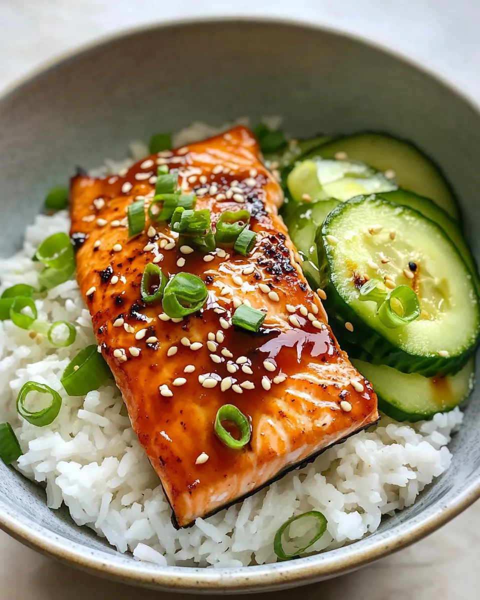 Classic Teriyaki Salmon Rice Bowls with Pickled Cucumbers dish photo