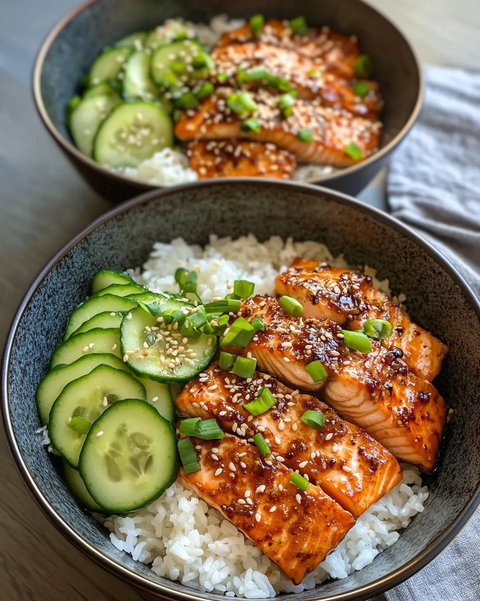 Easy Teriyaki Salmon Rice Bowls with Pickled Cucumbers food shot