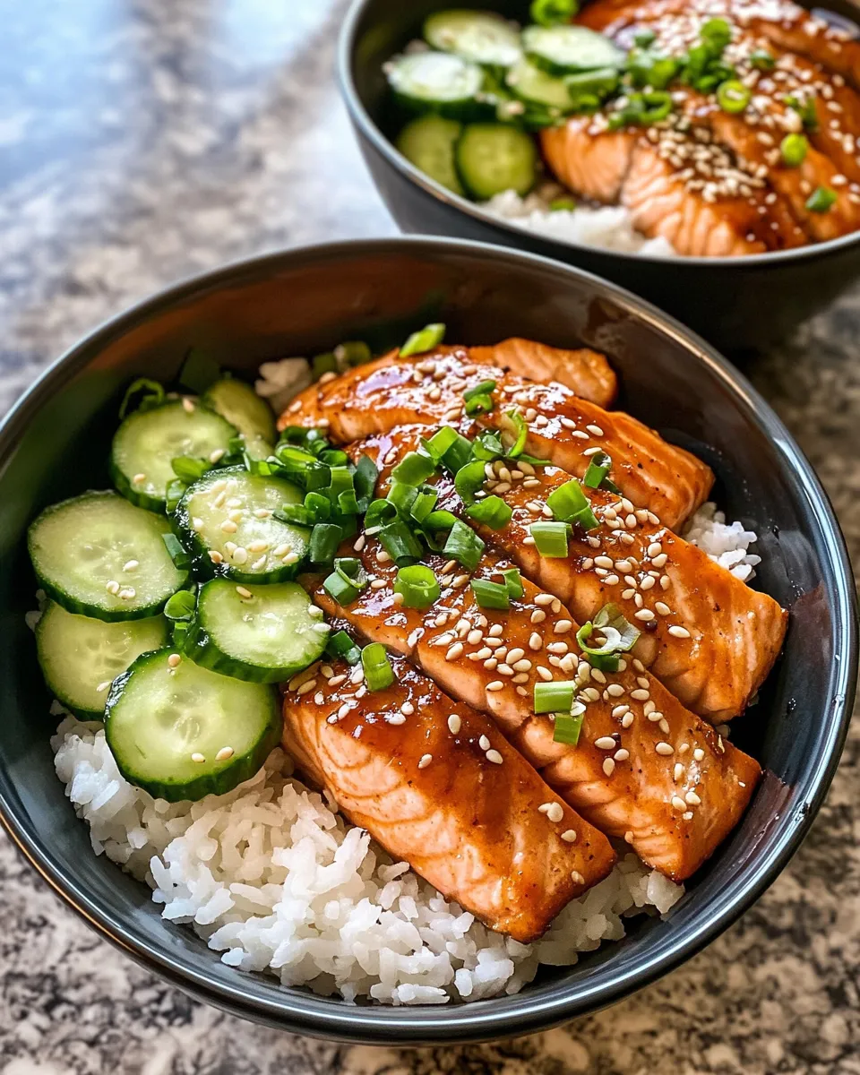 Delicious Teriyaki Salmon Rice Bowls with Pickled Cucumbers plate image
