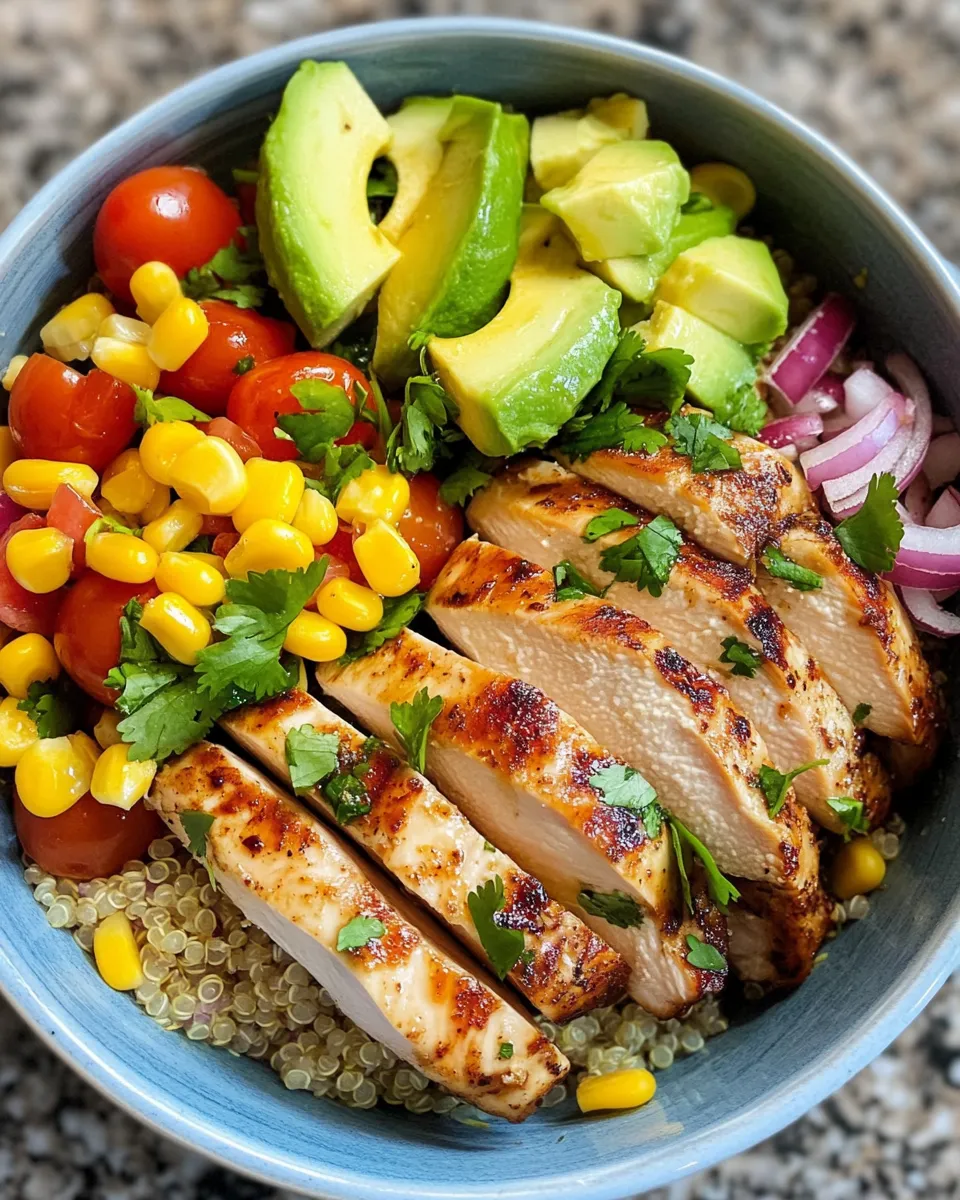 Delicious Zesty Cilantro Lime Chicken Bowls with Corn Salsa food shot