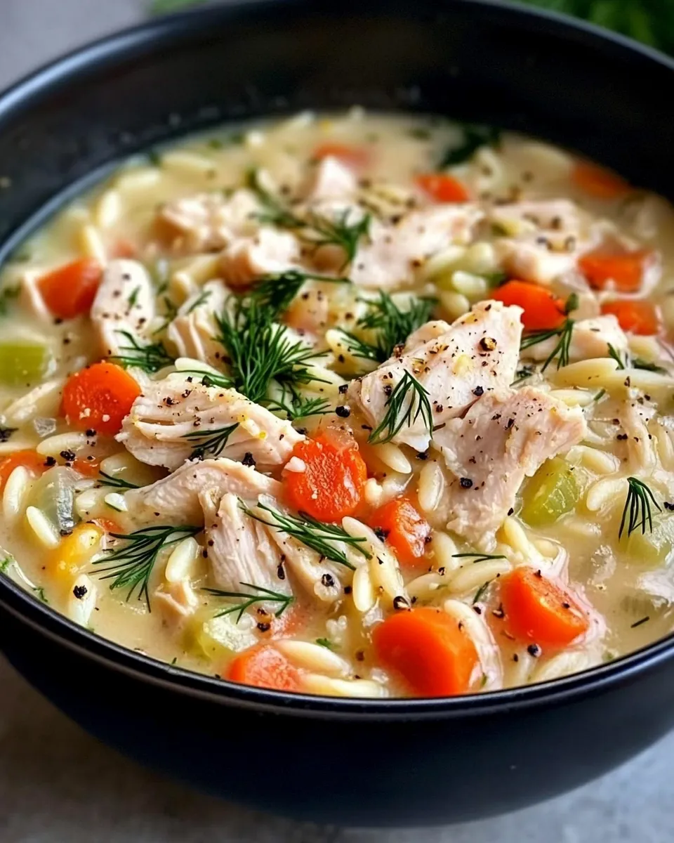 Delicious Zesty Lemon Chicken Orzo Soup with Dill food shot