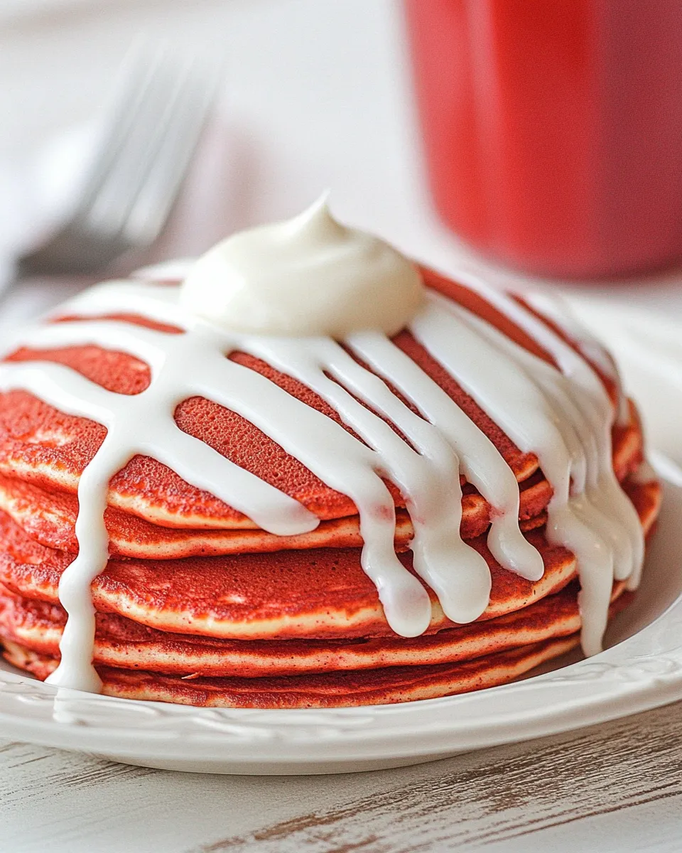 Homemade Red Velvet Pancakes with Cream Cheese Glaze photo