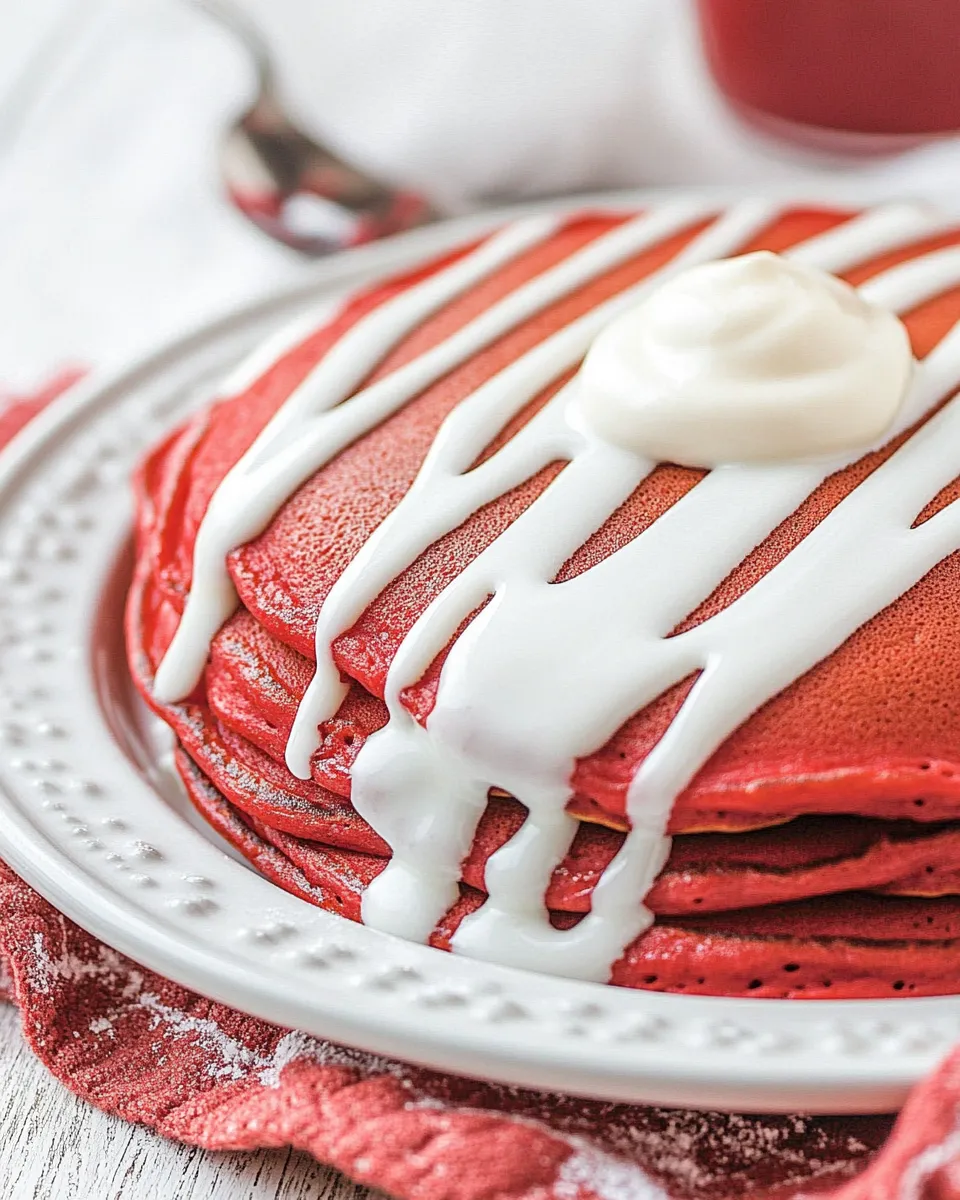 Classic Red Velvet Pancakes with Cream Cheese Glaze image