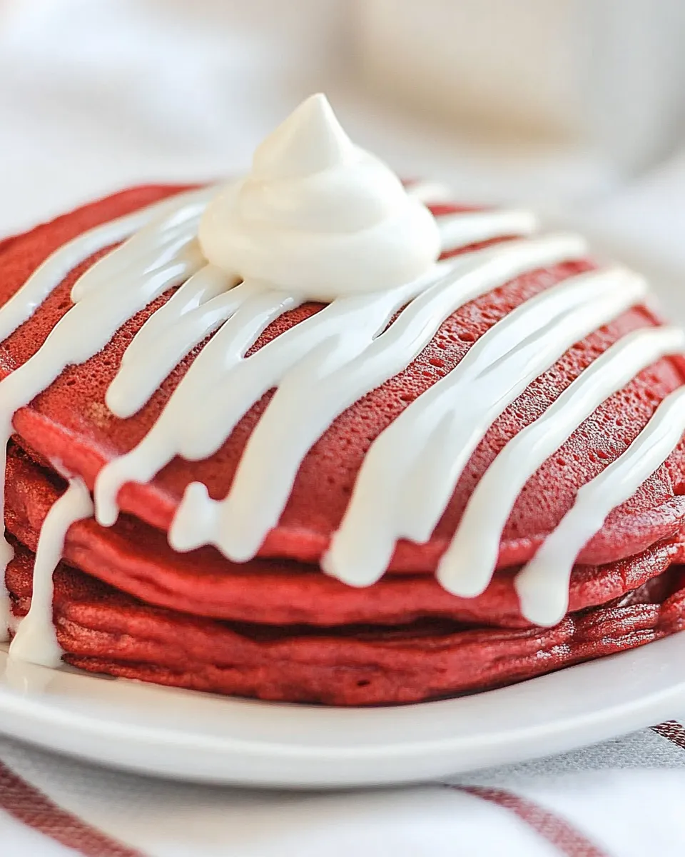 Delicious Red Velvet Pancakes with Cream Cheese Glaze shot