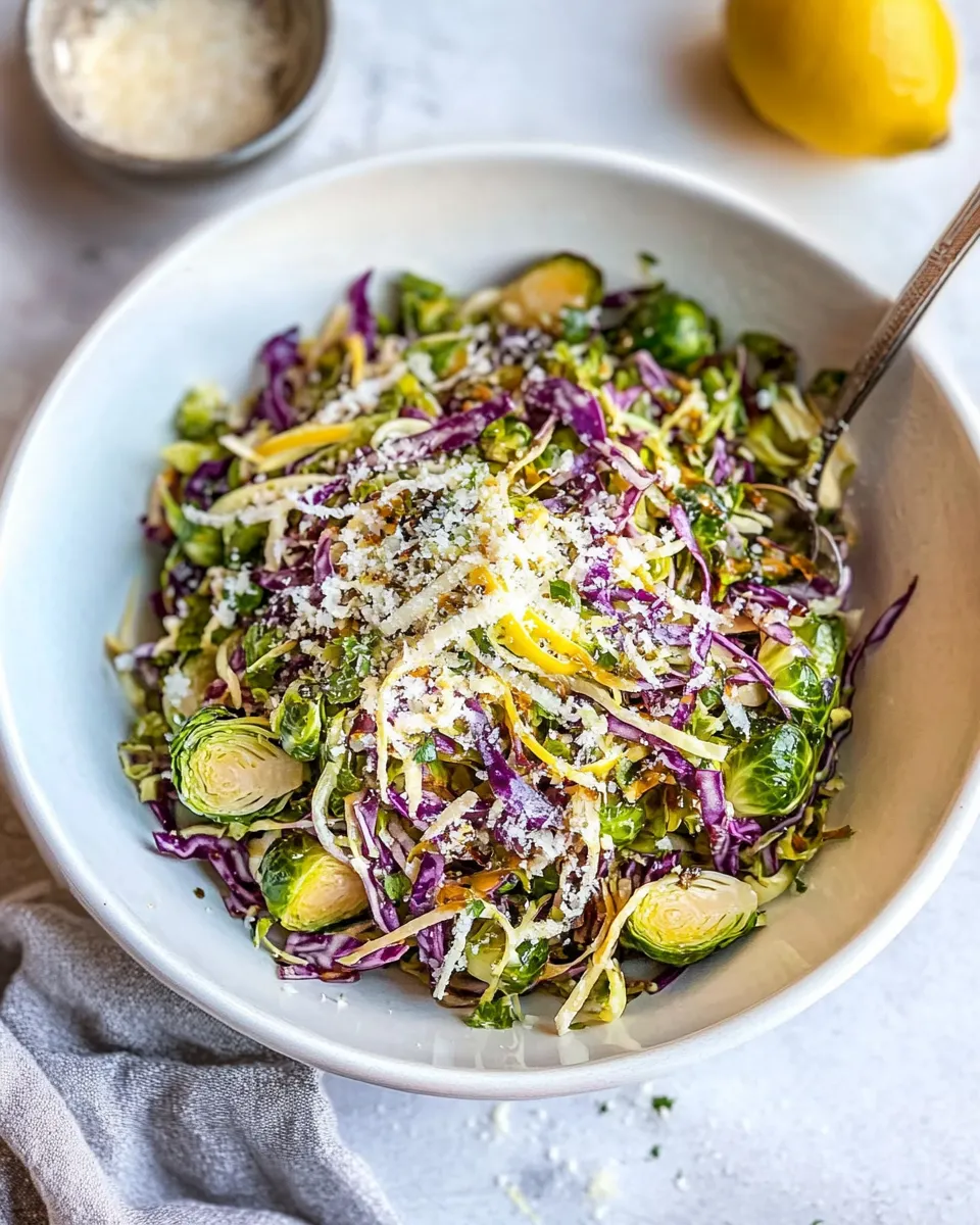 Fresh Shaved Brussels Sprout Salad with Honey Lemon Dijon Vinaigrette shot