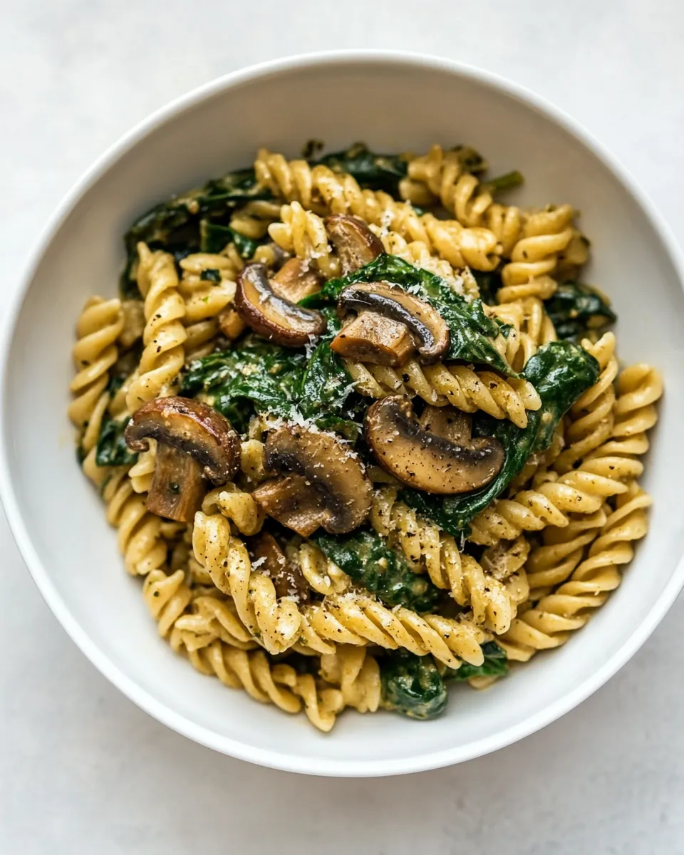 Healthy Vegan Spinach and Mushroom Pasta dish photo