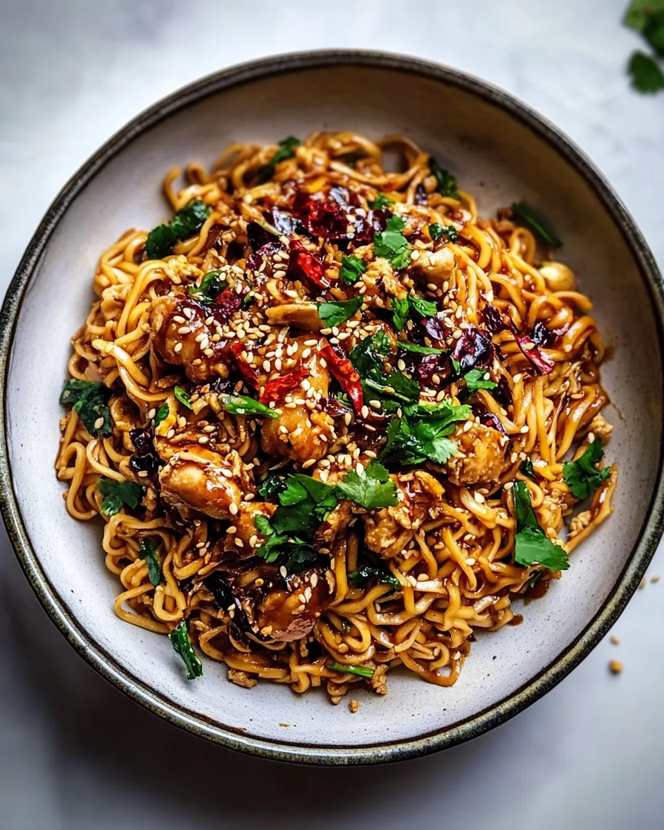 Simple 30 Minute Spicy Sesame Noodles with Ginger Chicken. food shot