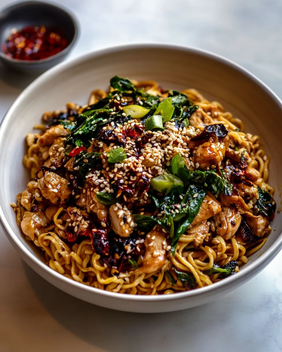 Perfect 30 Minute Spicy Sesame Noodles with Ginger Chicken. food shot