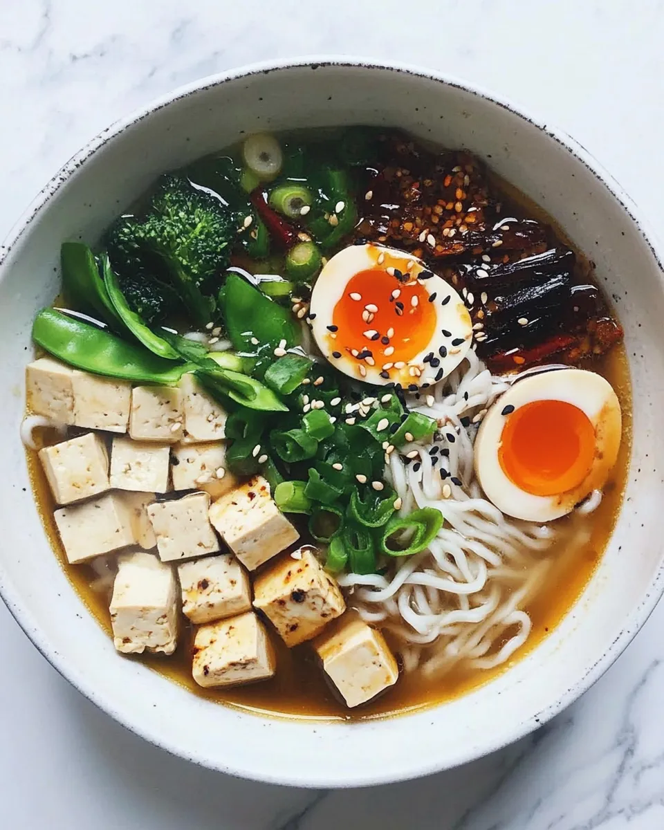 Delicious 30 Minute Tofu and Veggie Ramen with Sesame Seeds and Chili Oil Recipe shot