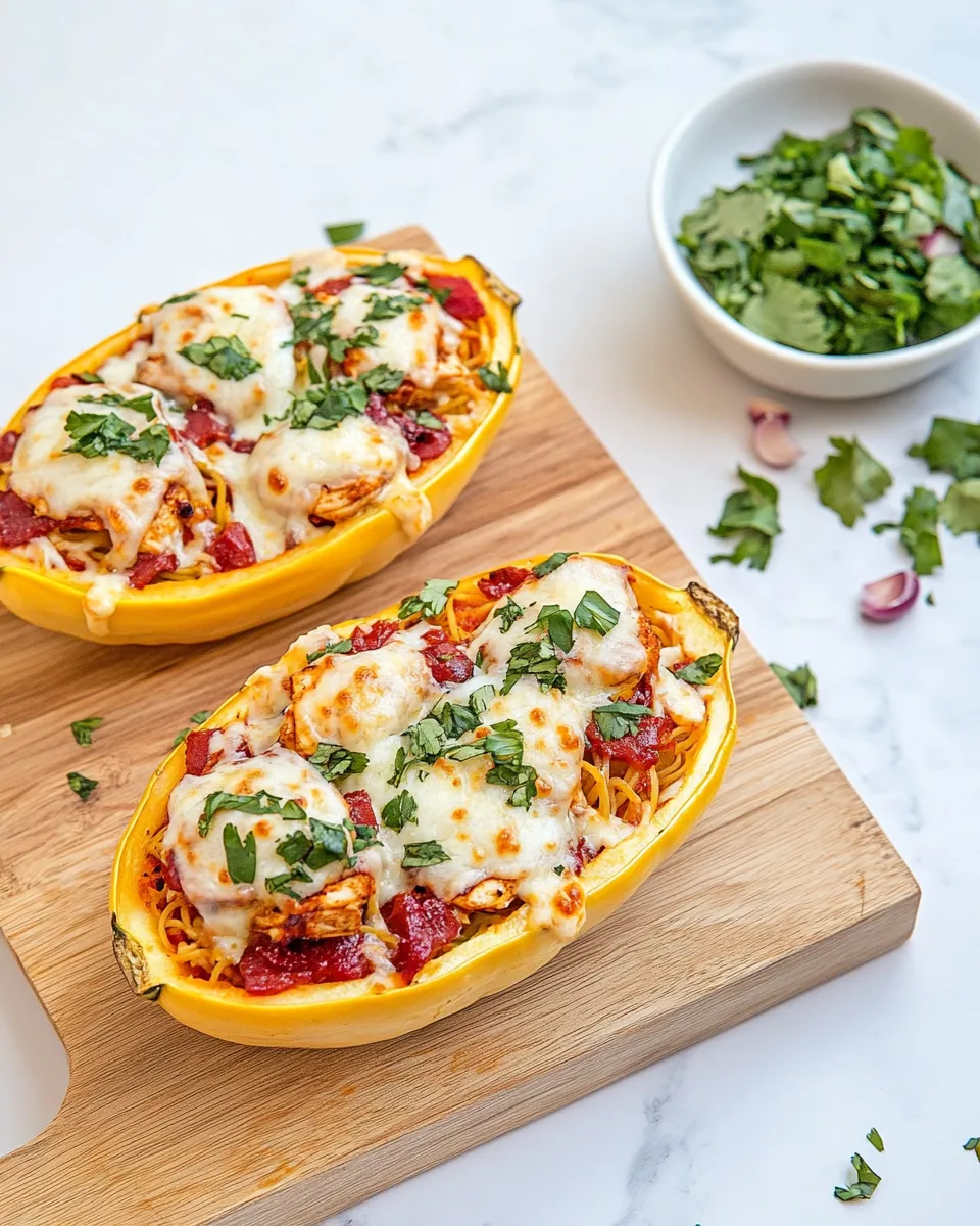 Savory BBQ Chicken Pizza Spaghetti Squash Boats shot