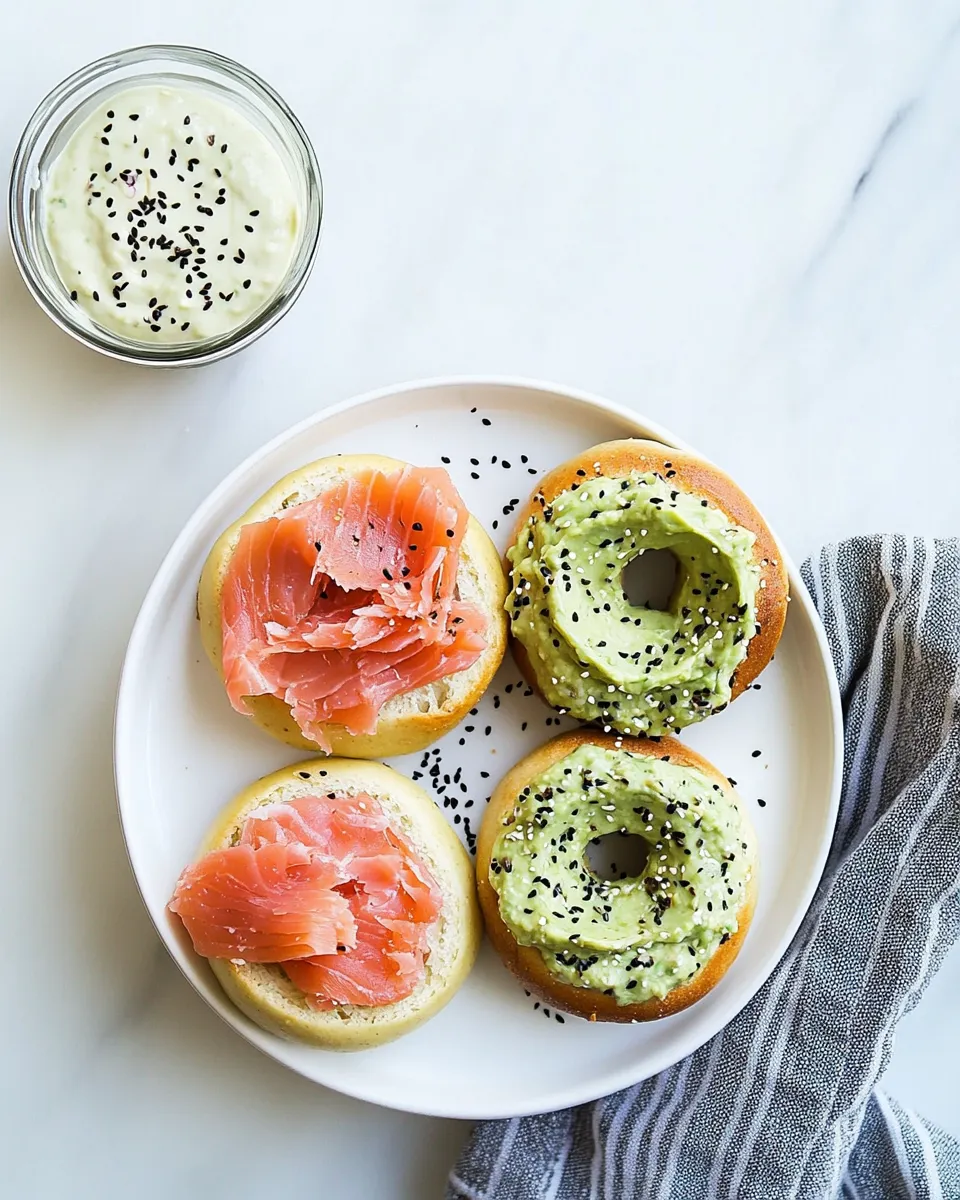 Quick Bagels with Smoked Salmon and Herbed Avocado Spread shot