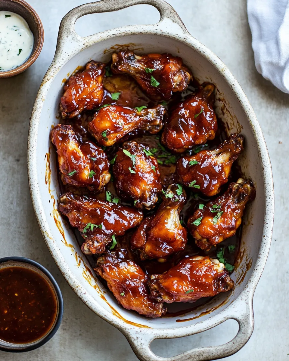 Best Baked Boneless Honey BBQ Chicken Wings with Spicy Ranch. food shot