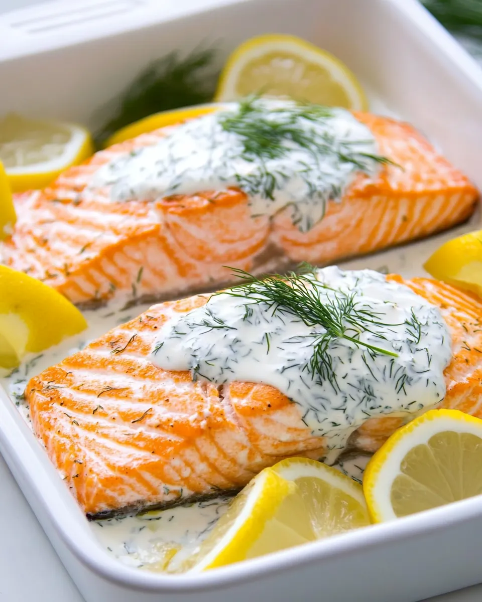 Delicious Baked Lemon Salmon with Creamy Dill Sauce image