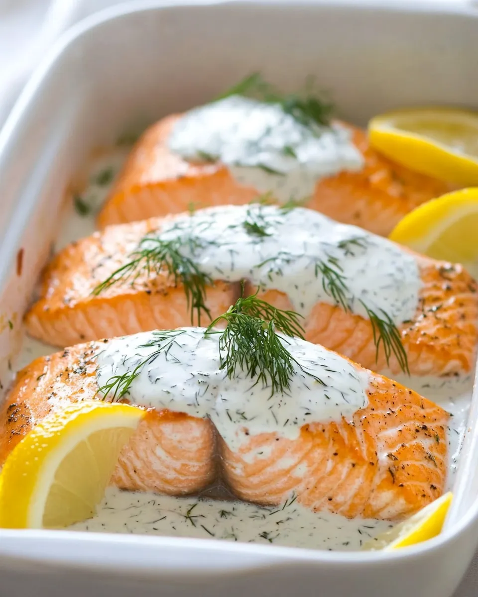 Healthy Baked Lemon Salmon with Creamy Dill Sauce recipe photo