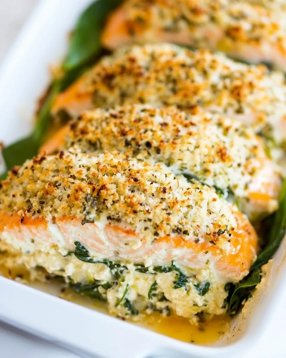 Healthy Baked Salmon Stuffed with Mascarpone Spinach recipe photo