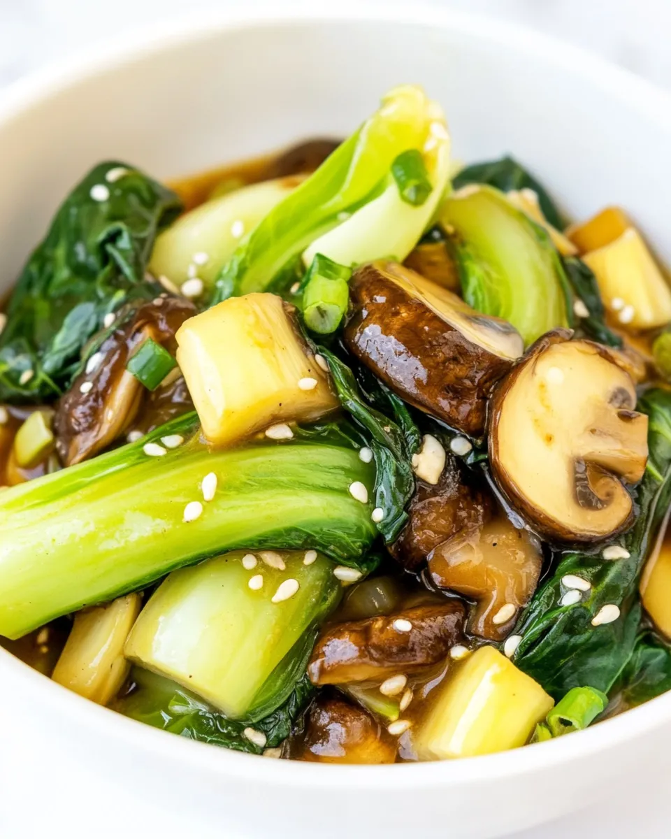 Delicious Bok Choy and Shiitake Mushrooms in Garlic Sauce shot