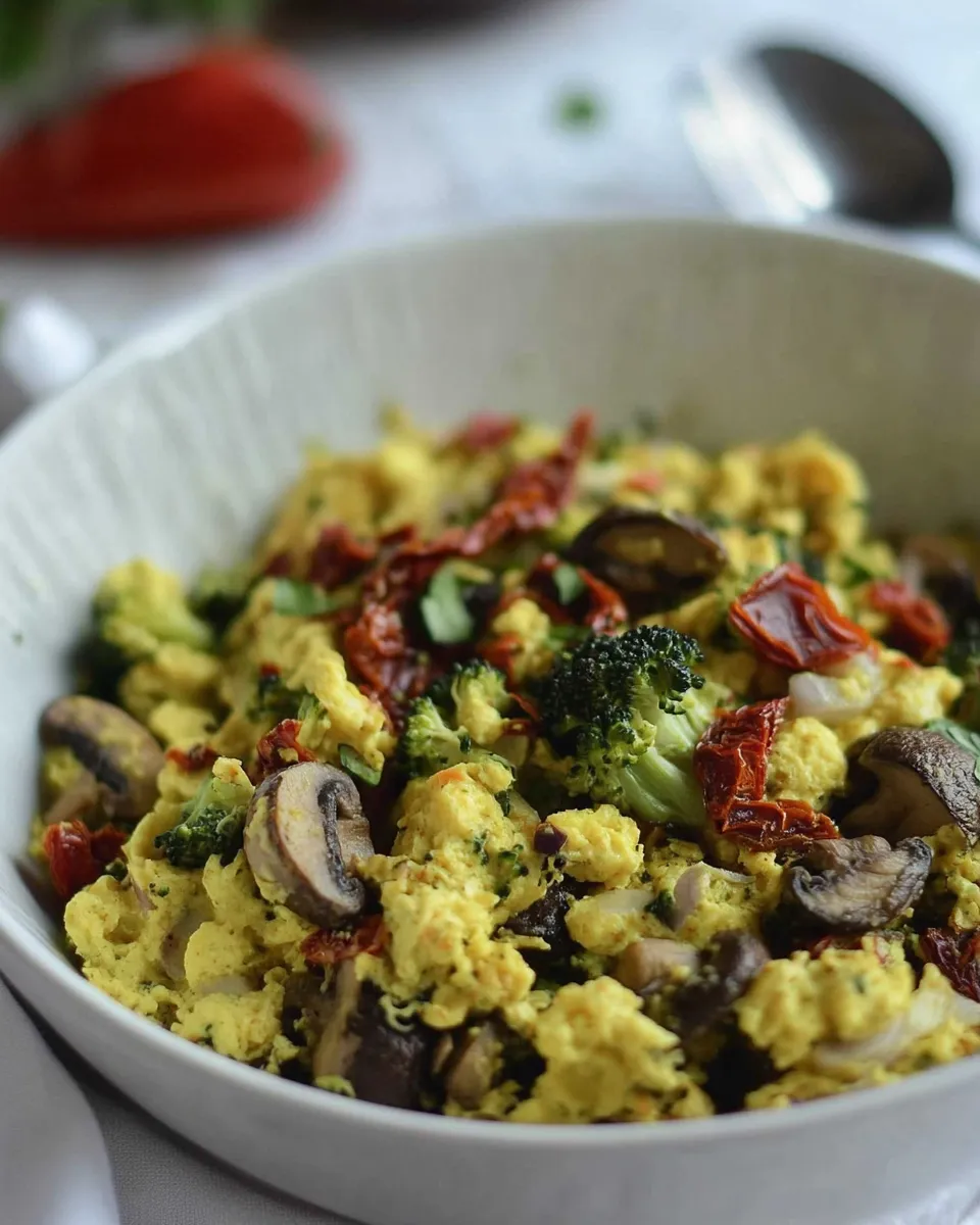 Delicious Broccoli, Mushroom, and Sun-Dried Tomato Scramble shot