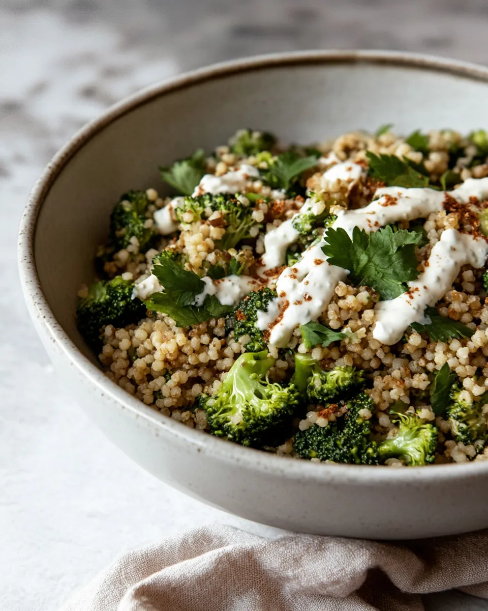 Easy Broccoli Salad with Couscous and Tahini Dressing shot