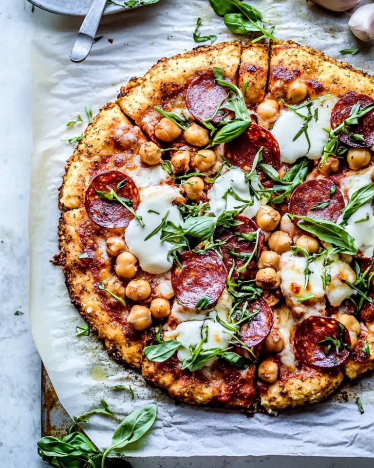 Classic Cauliflower Crust Pizza with Chickpea Pepperoni. photo