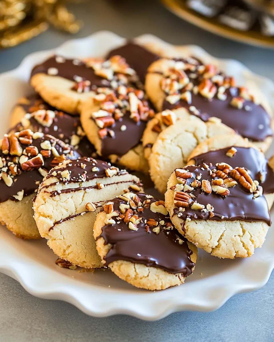 Delicious Chocolate Dipped Toffee Pecan Shortbread Cookies shot
