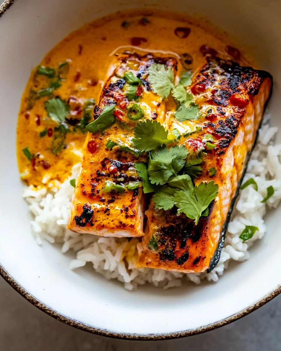 Tasty Coconut Curry Salmon with Garlic Butter. shot