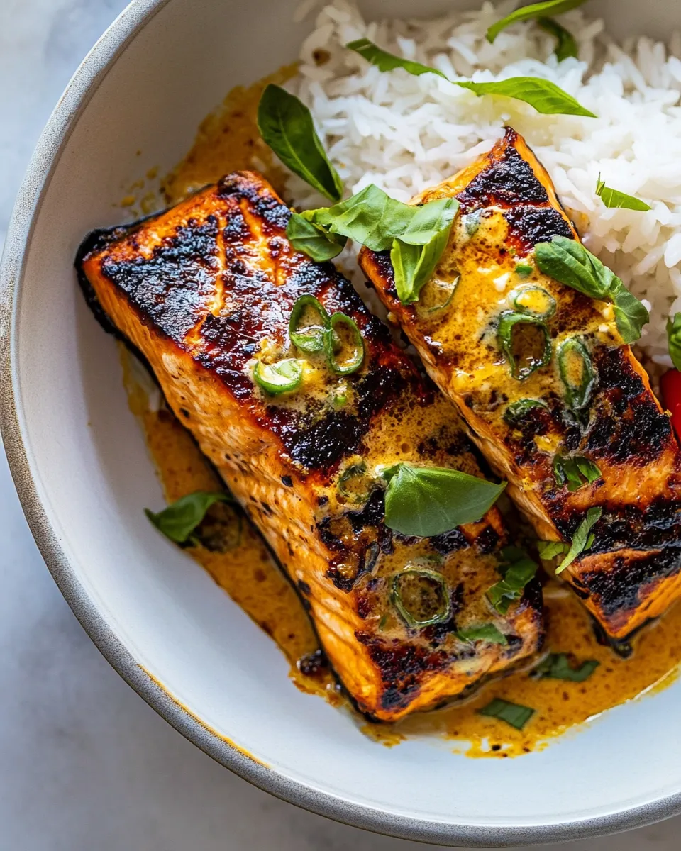 Homemade Coconut Curry Salmon with Garlic Butter. food shot