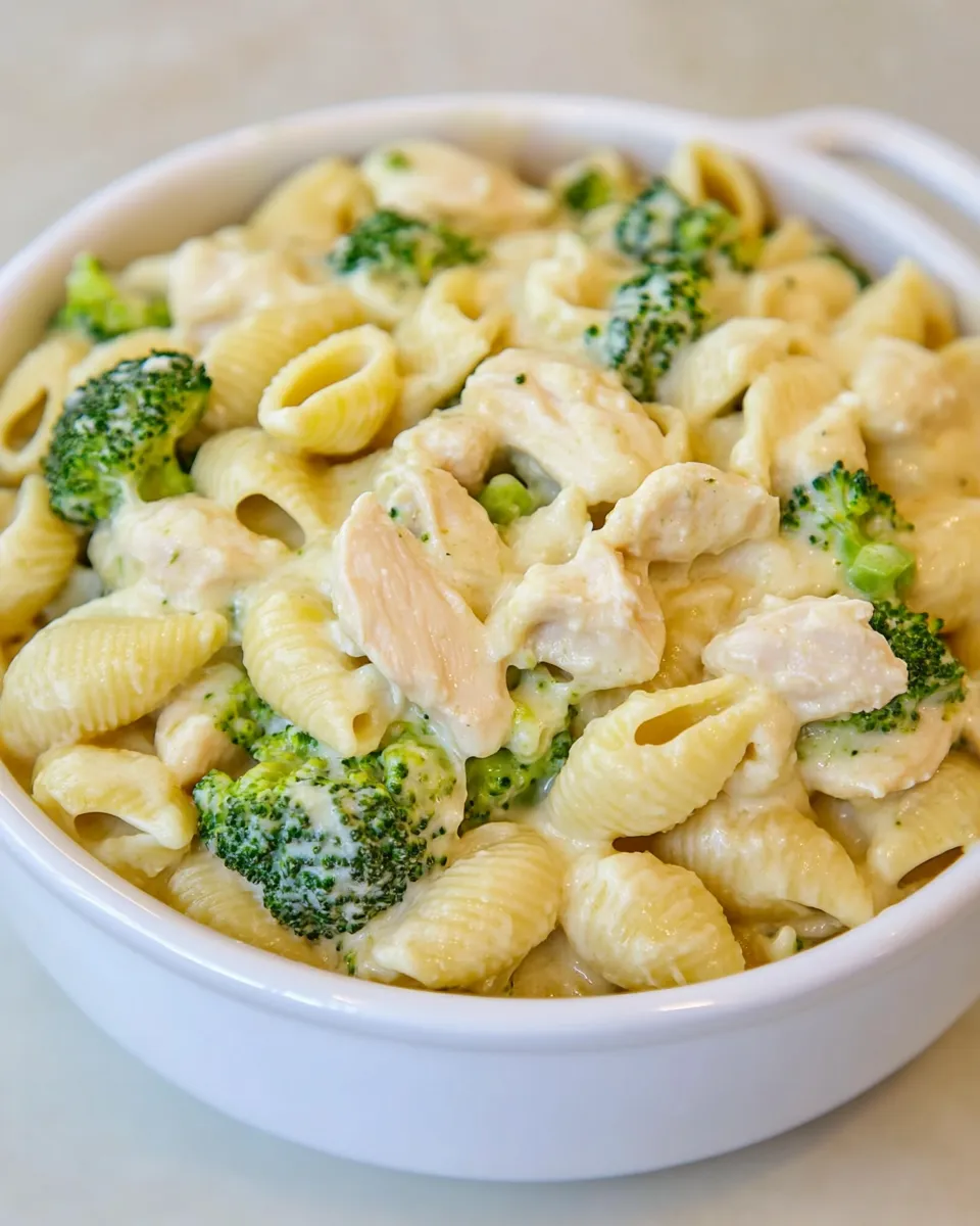 Quick Creamy Broccoli Chicken Shells and Cheese shot