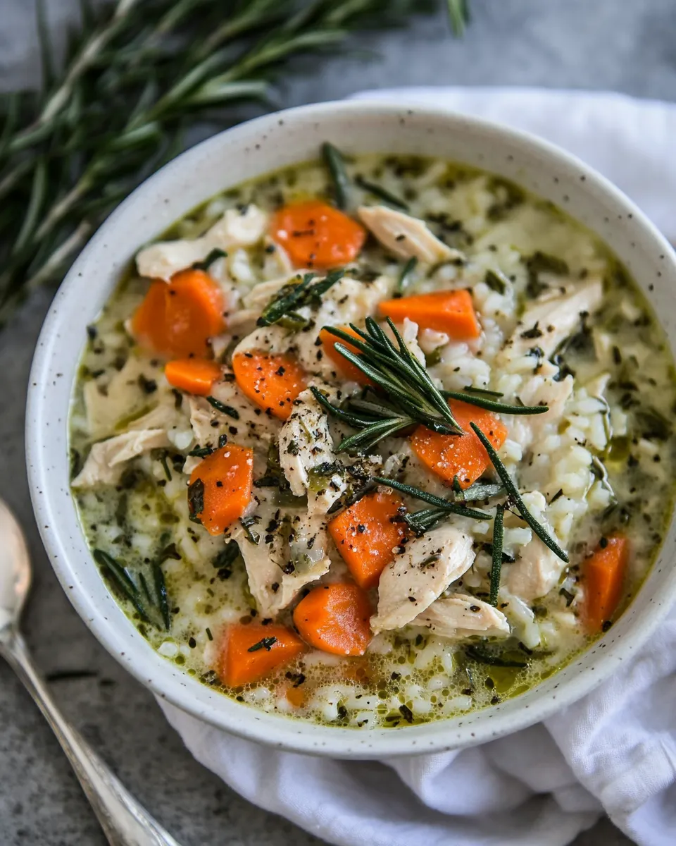 Delicious Creamy Rosemary Chicken Soup with Rice shot