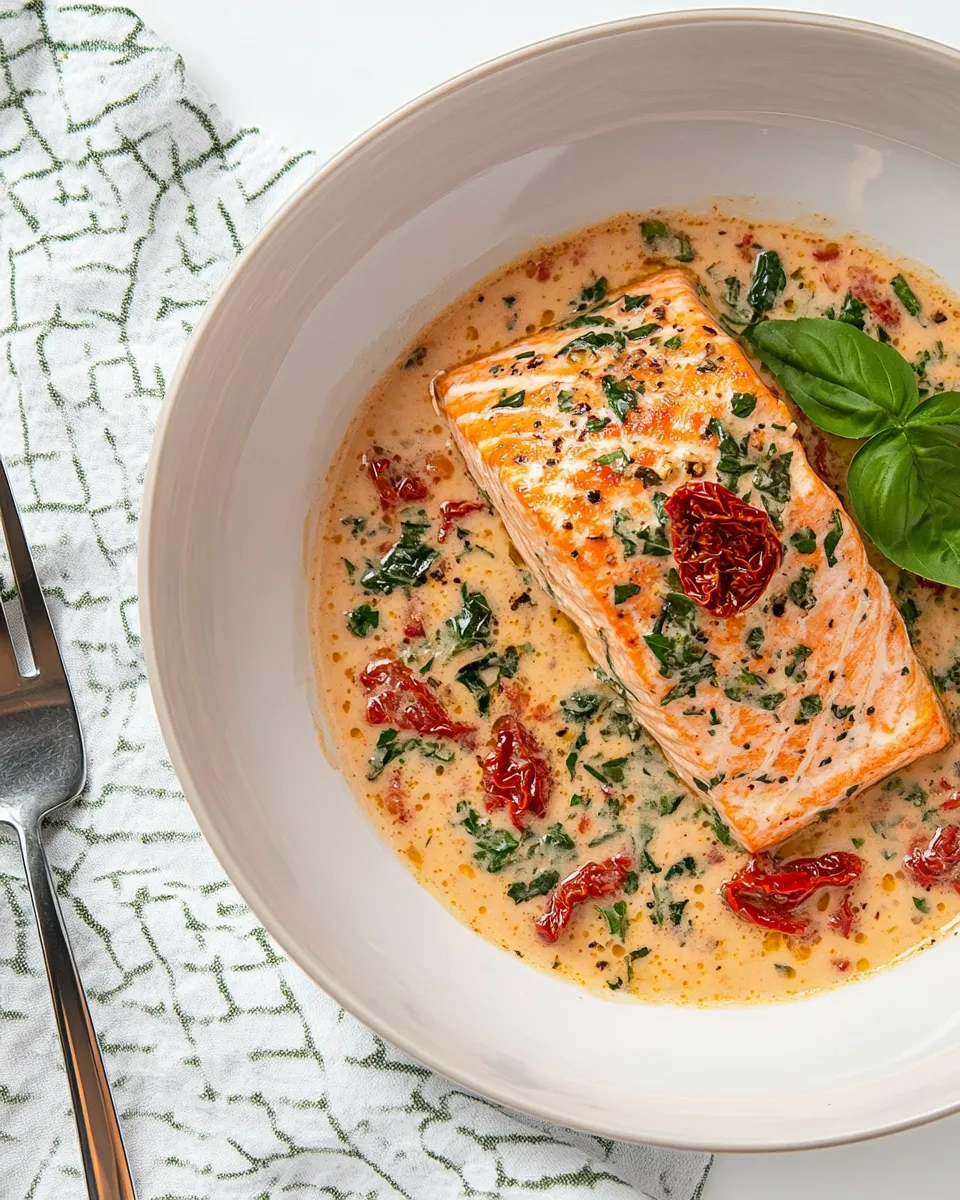 Savory Creamy Tuscan salmon with sun-dried tomatoes food shot