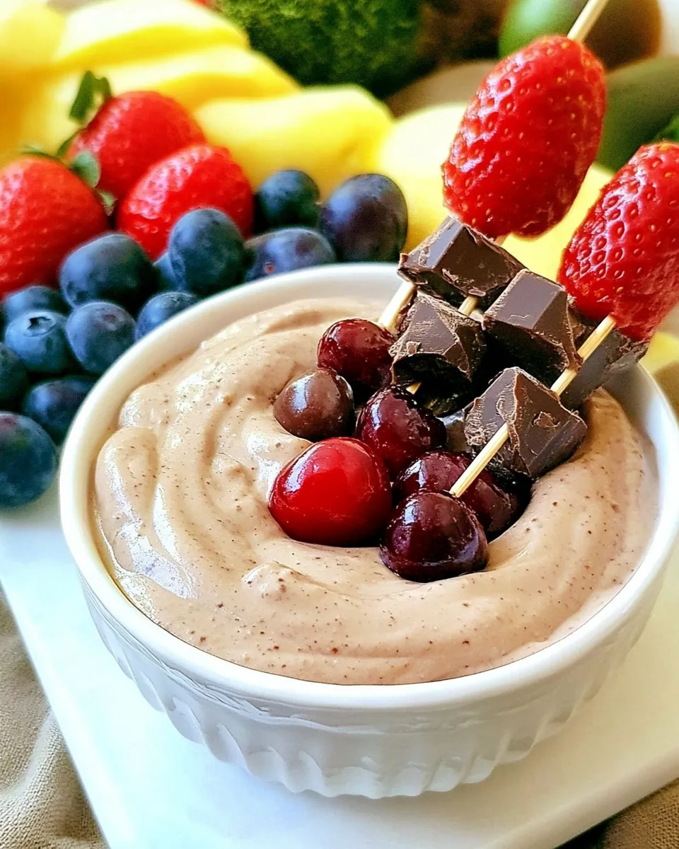 Healthy Easy Chocolate Cherry Yogurt Dip with Fruit Kabobs dish photo