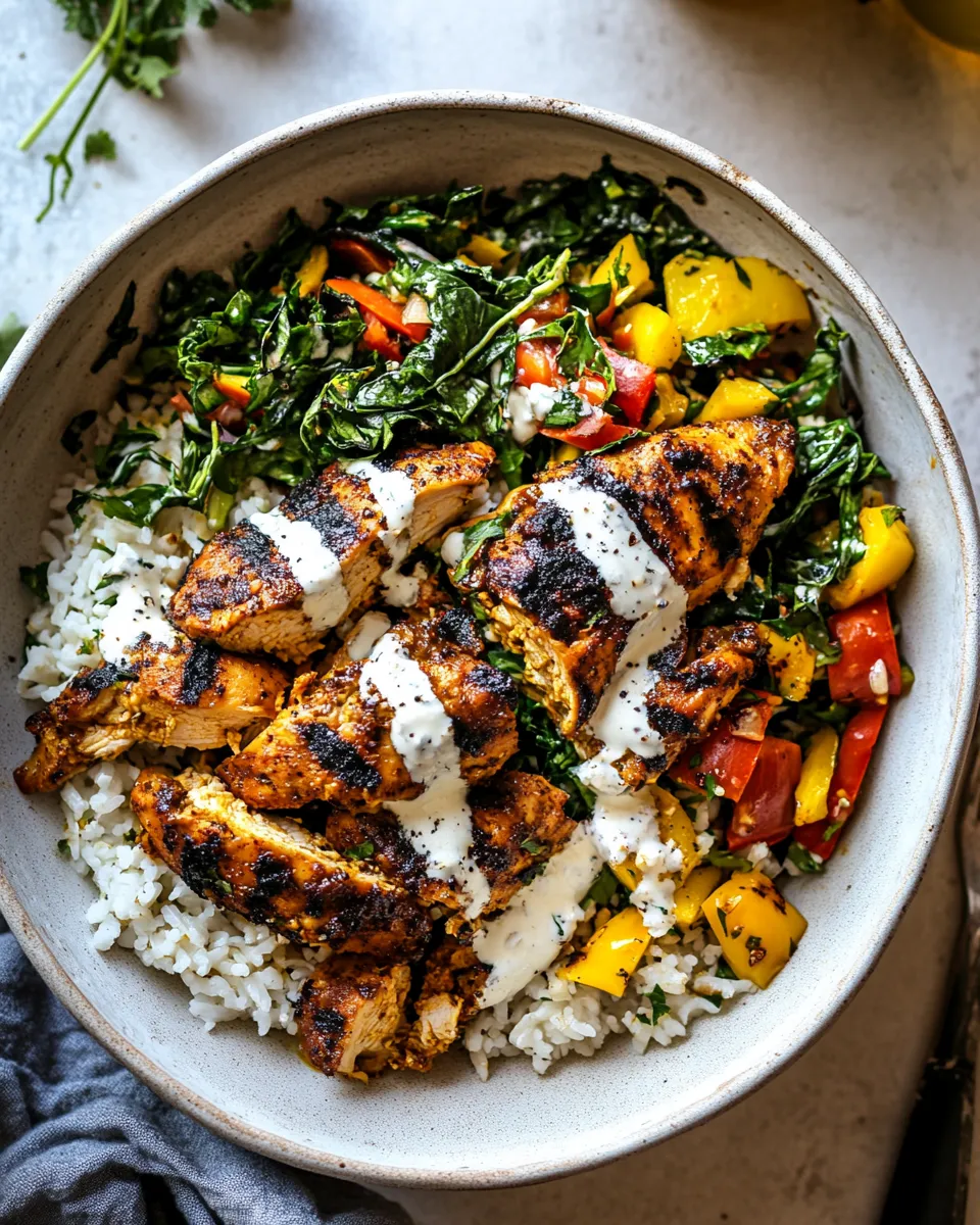 Easy Greek Chicken Bowls with Tahini Feta Sauce. picture