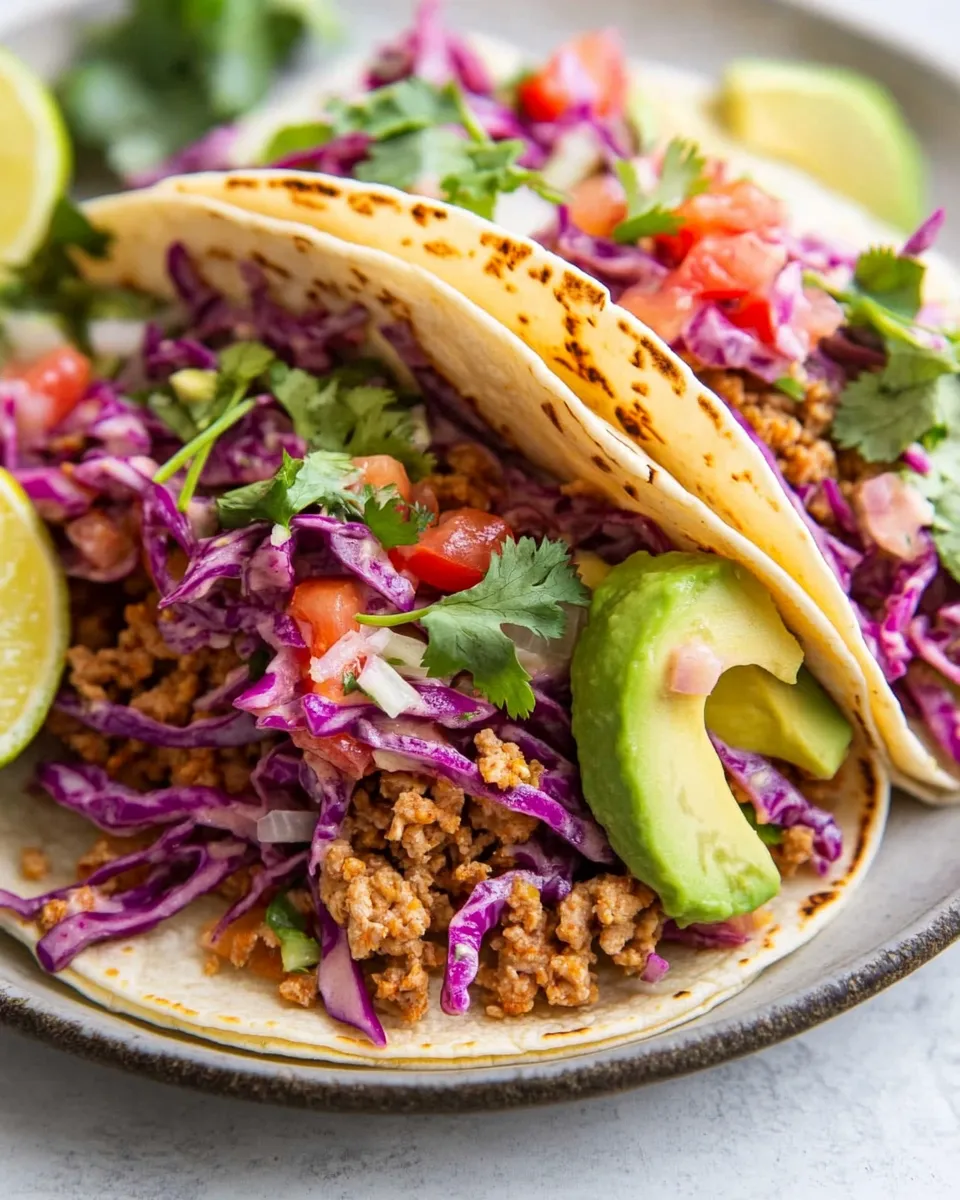 Delicious Ground Turkey Tacos with Cabbage Slaw and Avocado shot