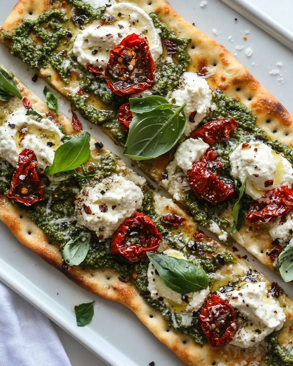 Quick Hummus Flatbread with Sun-Dried Tomatoes & Pesto recipe photo