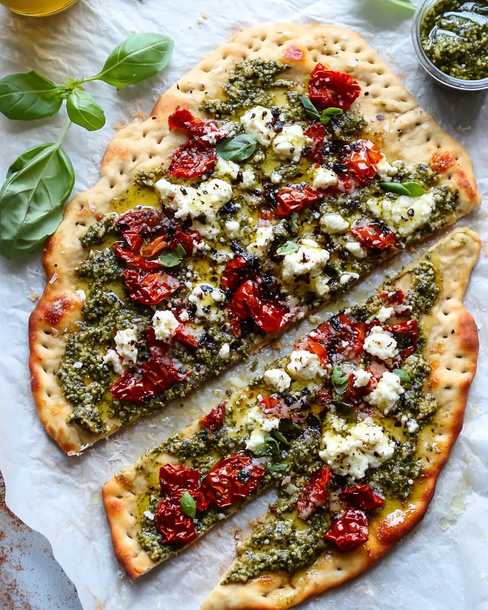 Savory Hummus Flatbread with Sun-Dried Tomatoes & Pesto dish photo