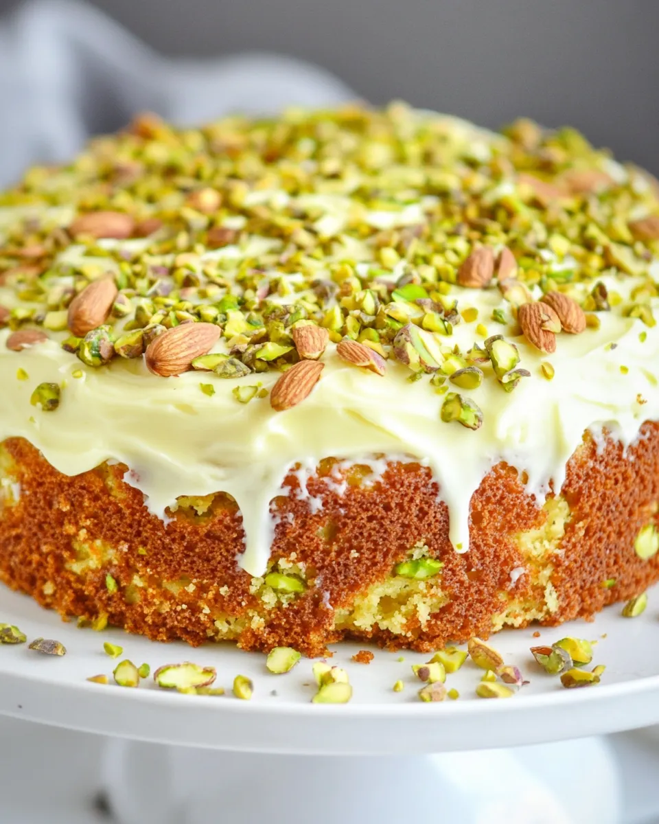 Delicious Italian Almond Pistachio Cake w/ Cream Cheese Frosting shot