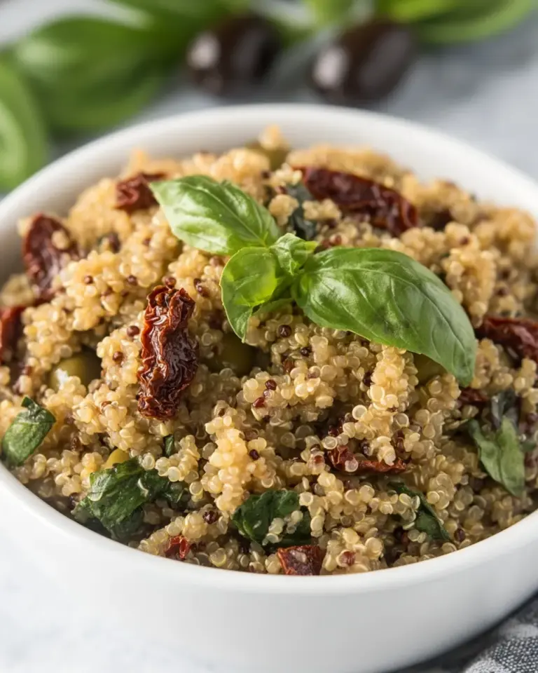 Easy Mediterranean Quinoa Salad with Olives, Basil and Sun-dried Tomatoes recipe image