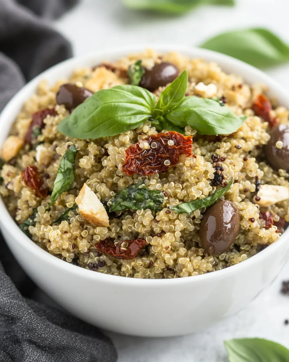 Healthy Mediterranean Quinoa Salad with Olives, Basil and Sun-dried Tomatoes food shot