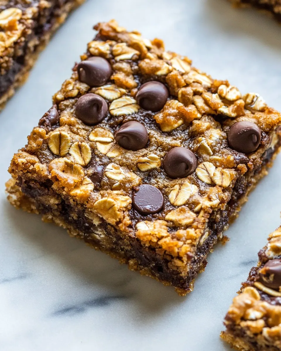 Healthy Monster Oatmeal Chocolate Chip Cookie Bars. recipe image