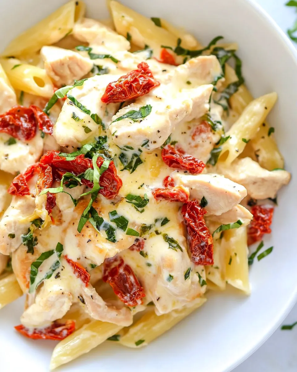 Tasty Mozzarella Chicken Pasta with Sun Dried Tomatoes shot