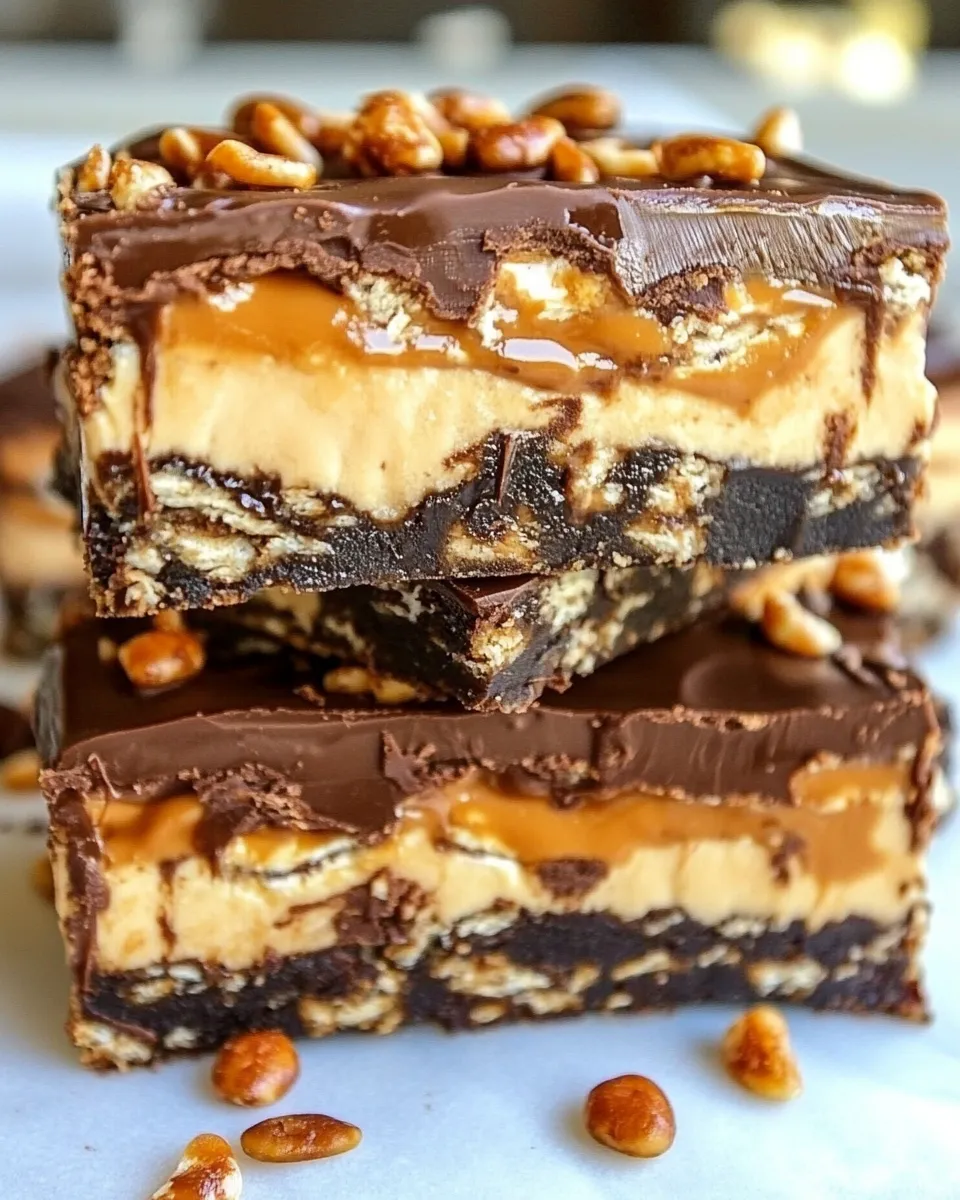 Easy No Bake Crispy Snickers Bars food shot