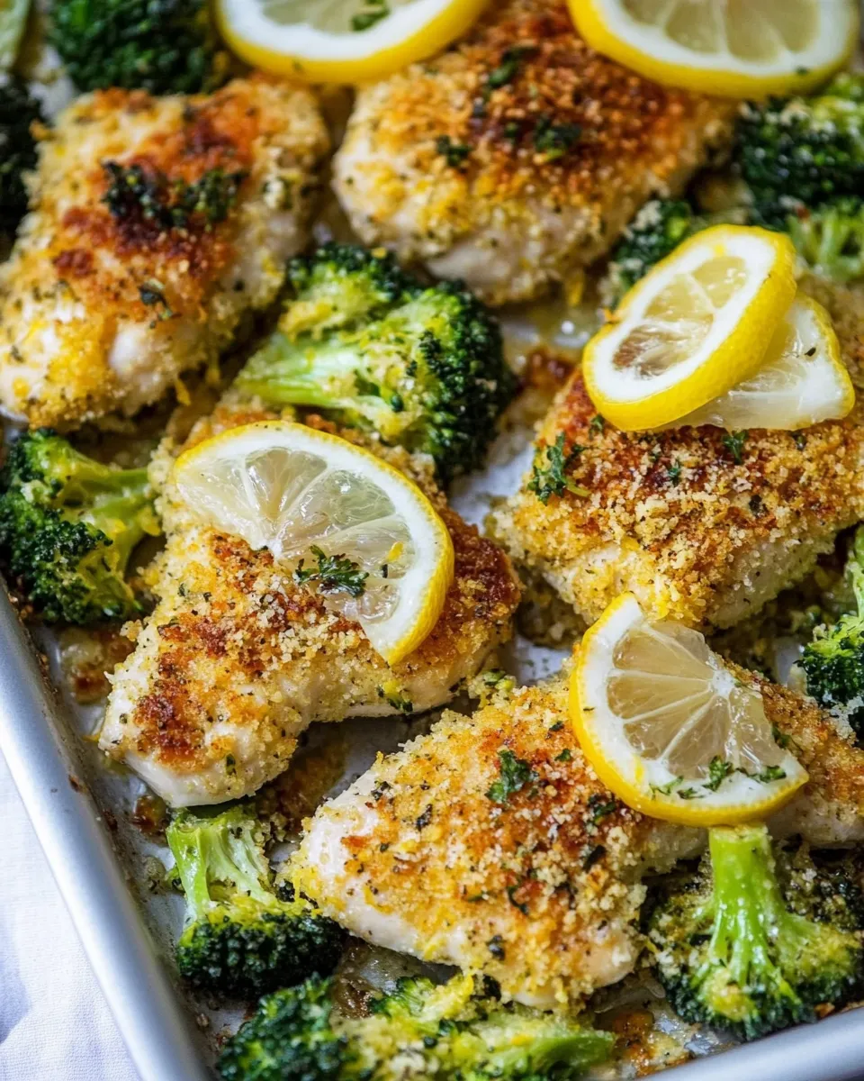 Quick One Pan Baked Lemon Parmesan Chicken and Broccoli dish photo