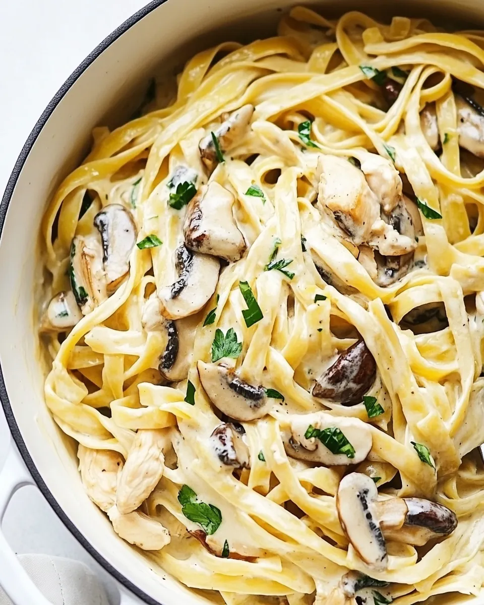 Savory One Pot Chicken and Mushroom Fettuccine Alfredo shot