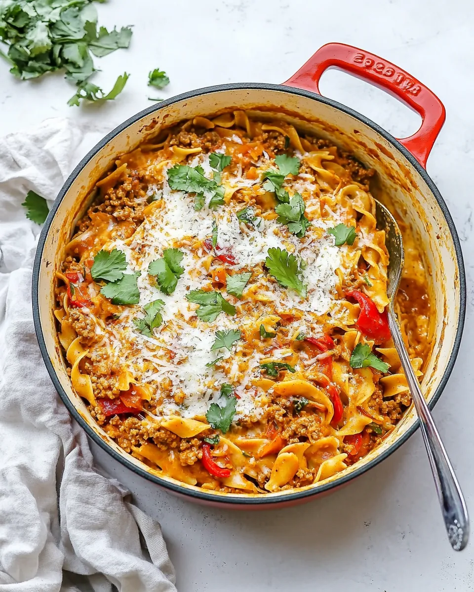 Healthy One Pot Ground Chicken Fajita Pasta dish photo
