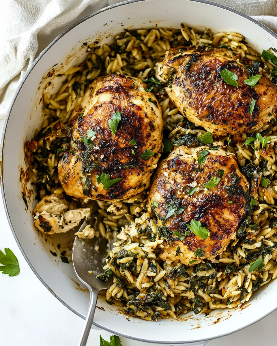 Delicious One Skillet Goat Cheese Stuffed Chicken and Orzo. dish photo