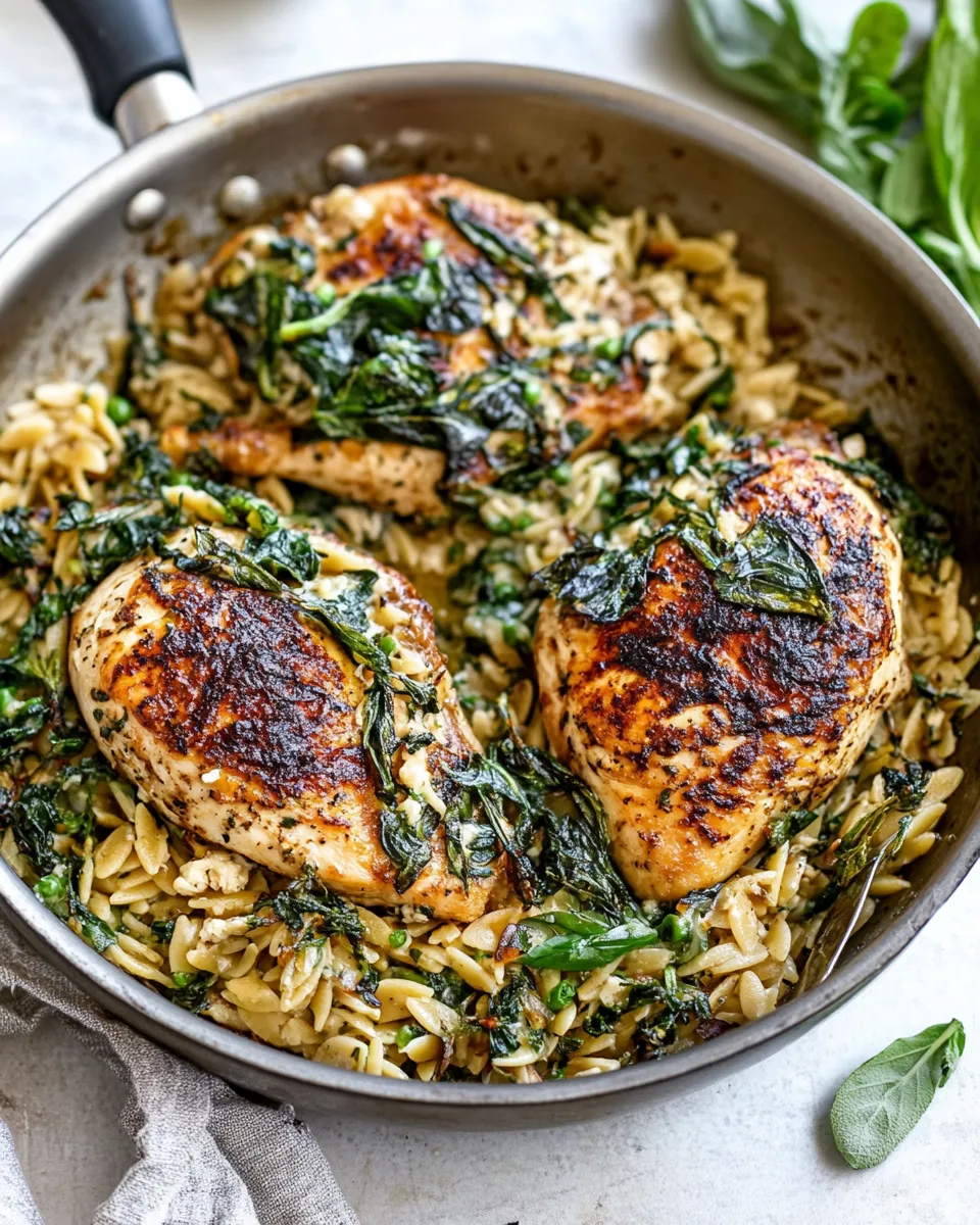 Homemade One Skillet Goat Cheese Stuffed Chicken and Orzo. food shot