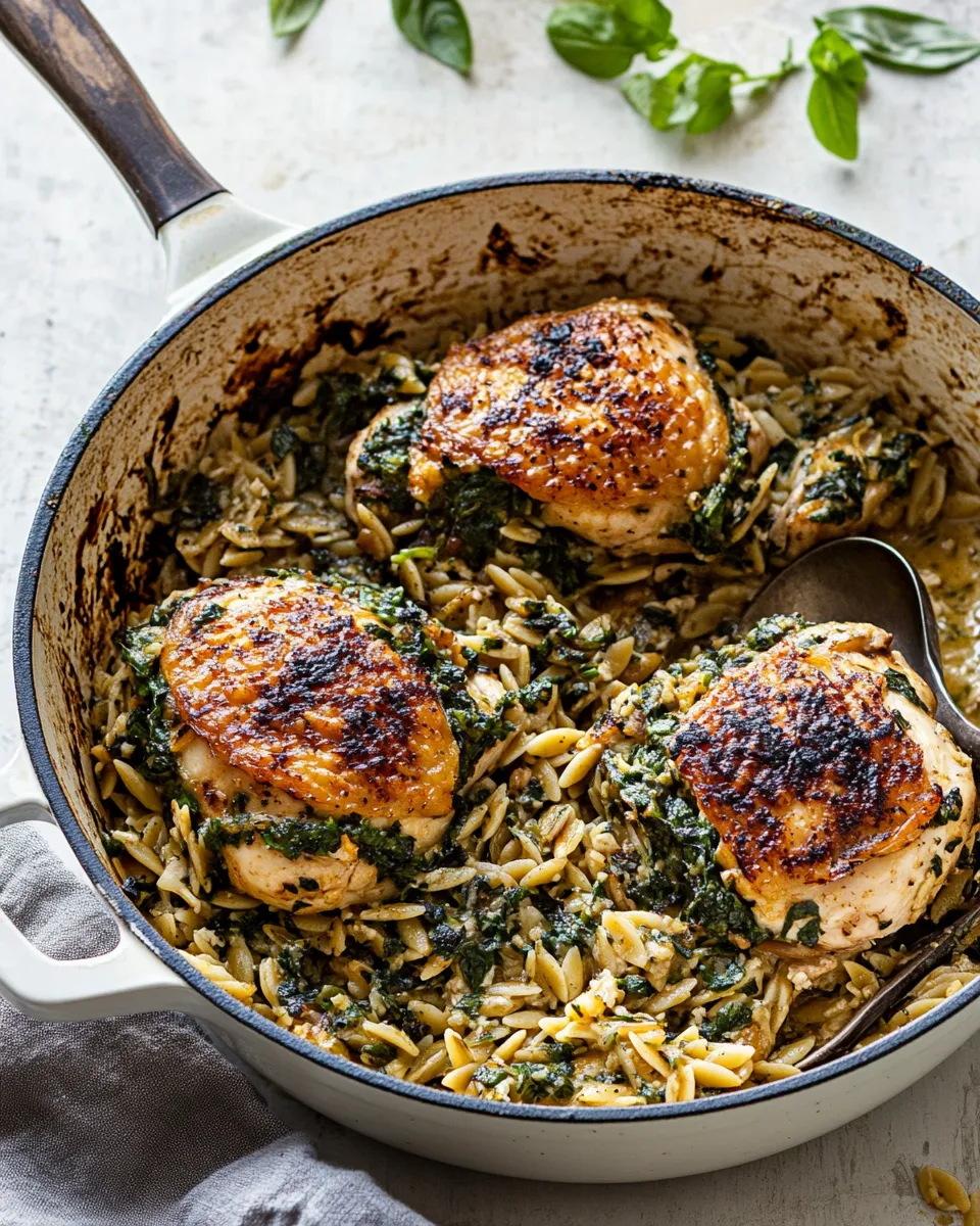 Tasty One Skillet Goat Cheese Stuffed Chicken and Orzo. plate image