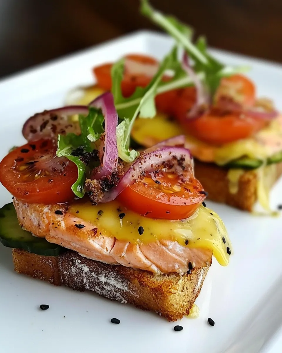 Homemade Open Face Salmon Sandwich with Sweet Mustard Sauce photo