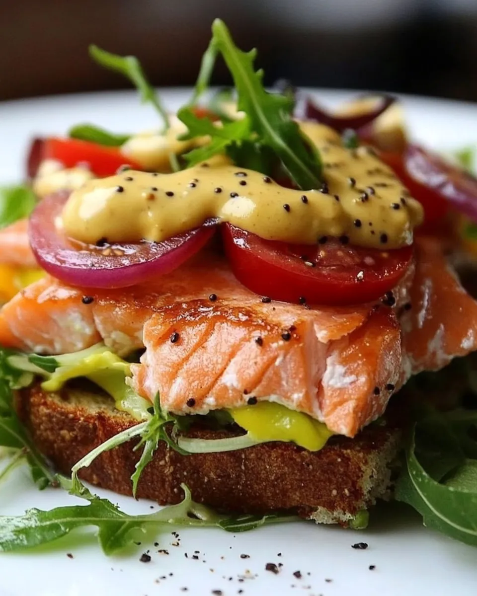 Delicious Open Face Salmon Sandwich with Sweet Mustard Sauce recipe image