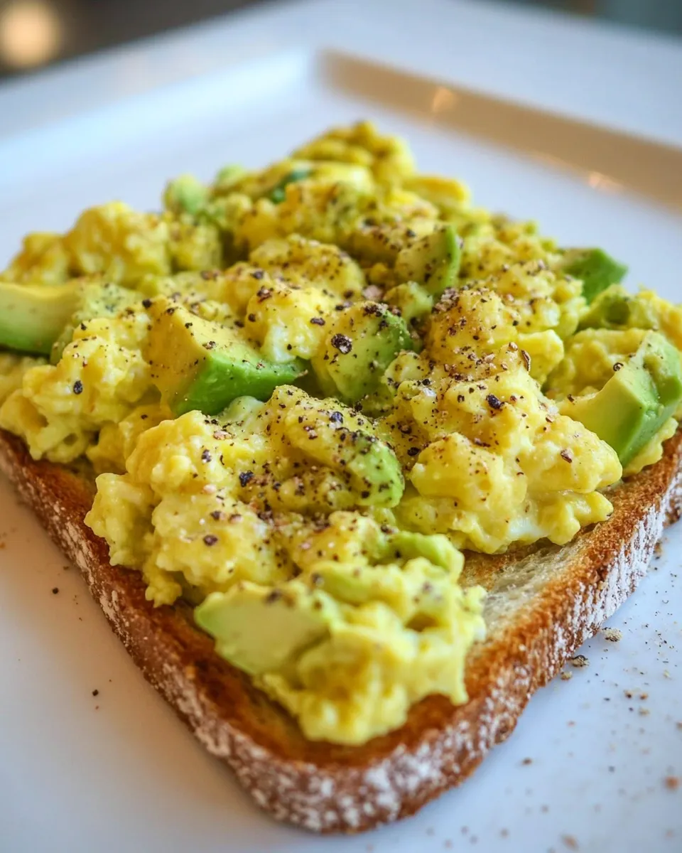 Delicious Open Face Scrambled Eggs and Avocado Toast shot