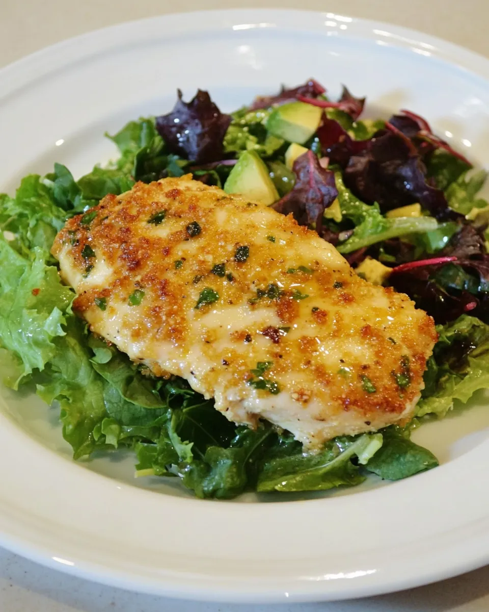 Easy Pecorino Crusted Chicken with Mixed Baby Greens Salad photo